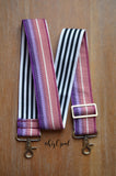 Hand Made Purse Strap, 2 inch wide, "Minty Fresh Pink and Purple" Black and White Striped Back, Adjustable Strap, 26 to 44 inches