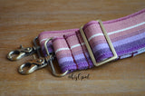 Hand Made Purse Strap, 2 inch wide, "Minty Fresh Pink and Purple" Black and White Striped Back, Adjustable Strap, 26 to 44 inches