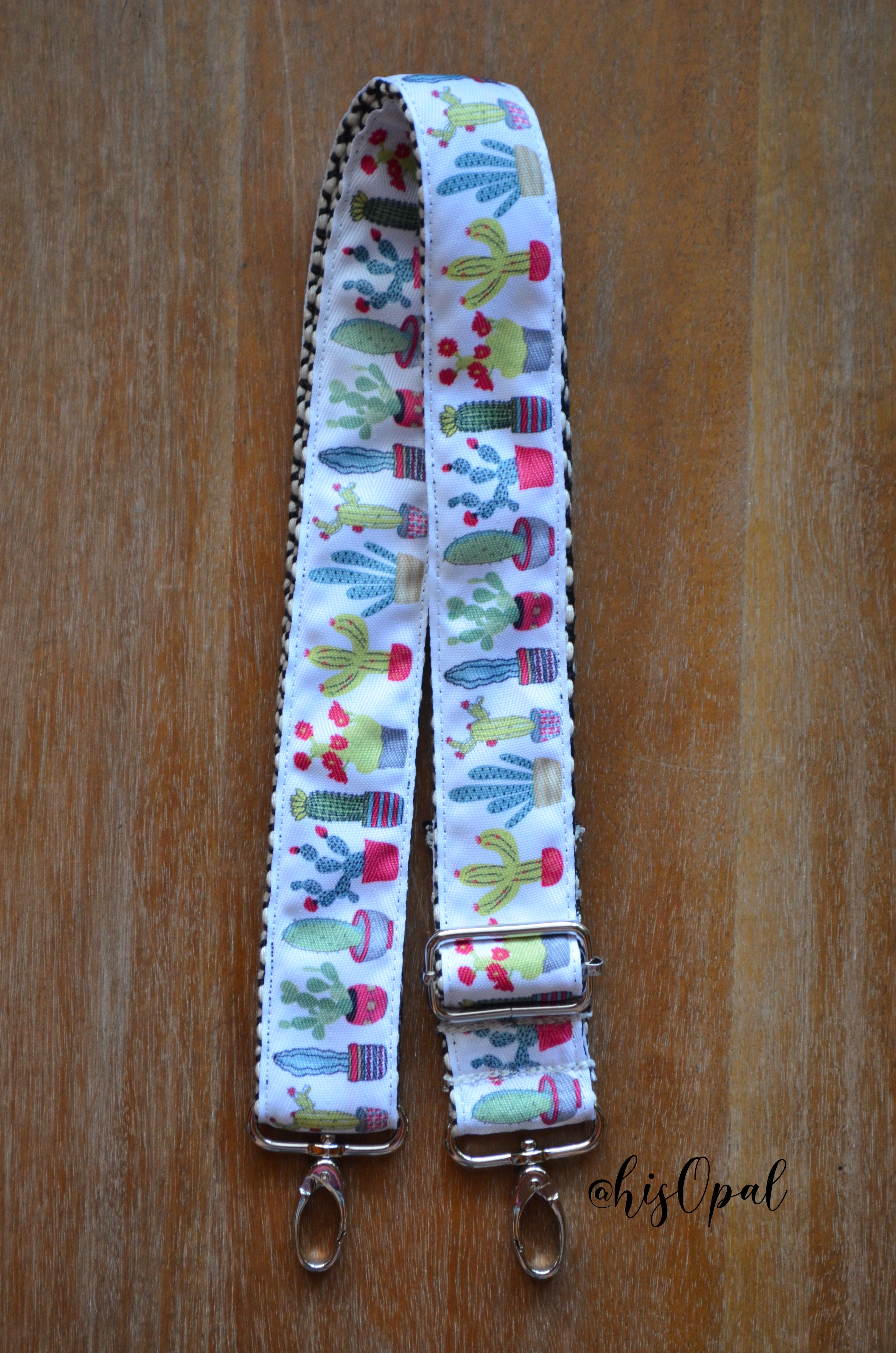 Hand Made Purse Strap, Cacti on White Chevron Back, Adjustable