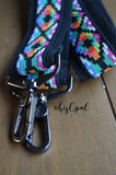 Hand Made Purse Strap, Aztec Rainbow Print, Black Back, Cross Body Strap, 43 inches