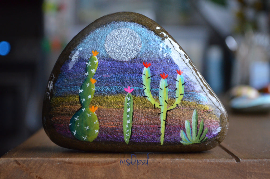 Double Sided Painted Cactus Rock, Desktop Decor, Cactus Art, Hand Pain 