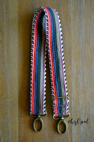 Hand Made Purse Strap, "Tutti Frutti" Red & Blue Chevron Back, Adjustable Strap, approx. 27 to 46.5 inches