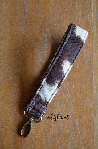 Hand Made Wrist Strap, "Cow Print" Brown Back, approx. 7.5 inches, purse strap