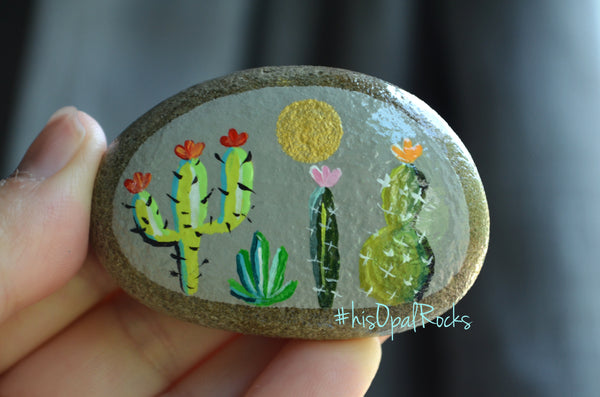 Painted Rock Desert, Cactus Rock, Grey Cactus Garden, Hand Painted Roc ...