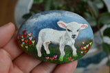 Baby Lamb, hand painted stone, Lamb and Tulips, gender neutral gift, Painted Rock, nursery