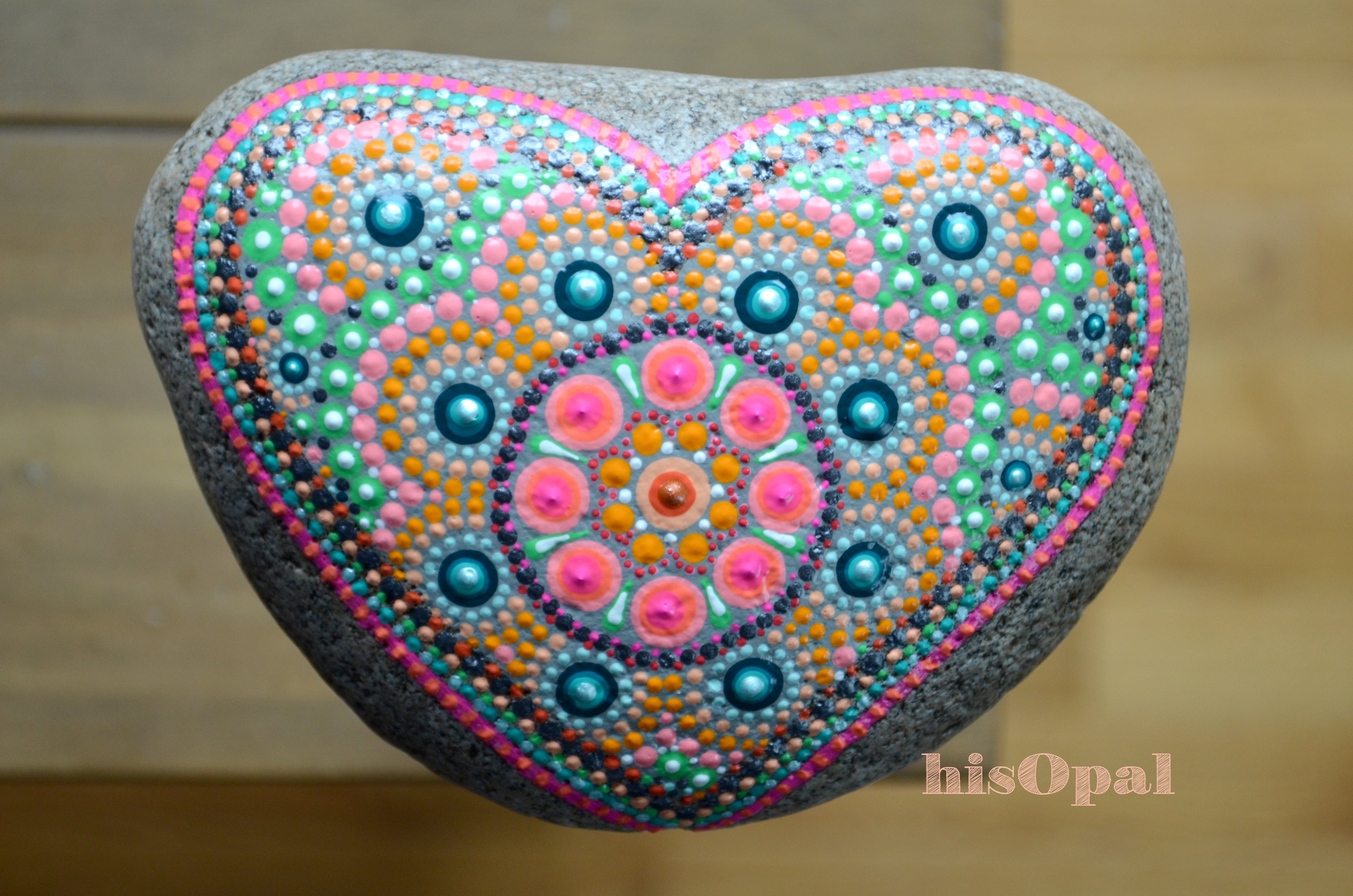 Mandala good Stone. Pink Orange, Aqua and Gold heart design. 11cm round. Hand painted