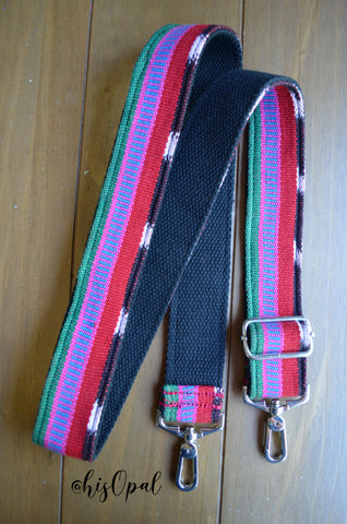 Hand Made Purse Strap, "Tropical Stripes" Black Back, Adjustable Strap 27 to 47 inches